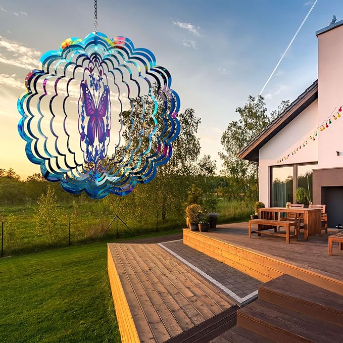 Butterfly Wind Spinners Outdoor - 12 inch Butterflies Outdoor Hanging Wind Sculptures Birthday Gifts for Women, Mom, Grandma, Gardening for Garden Decor for Outside, Patio, Yard, Lawn, Balcony
