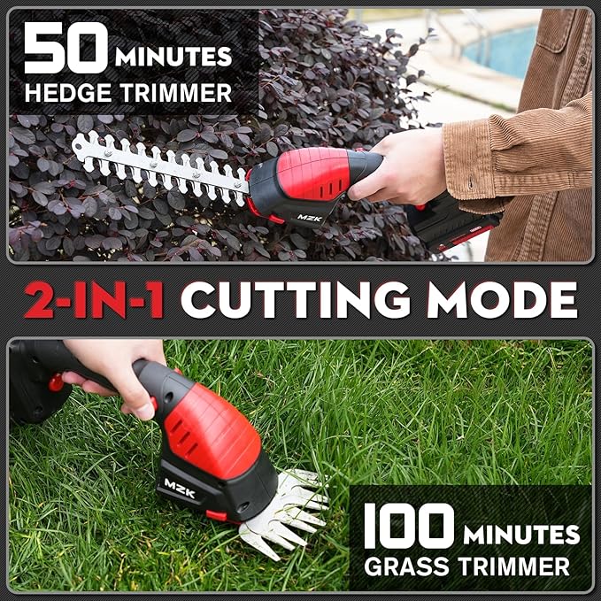 MZK 20V Cordless Hedge Trimmer, Electric Shrub Trimmer Grass Shears Handheld Grass Cutter, Hedge Shear for Garden, Lawn(2.0Ah Battery and Charger Included),HT08D10