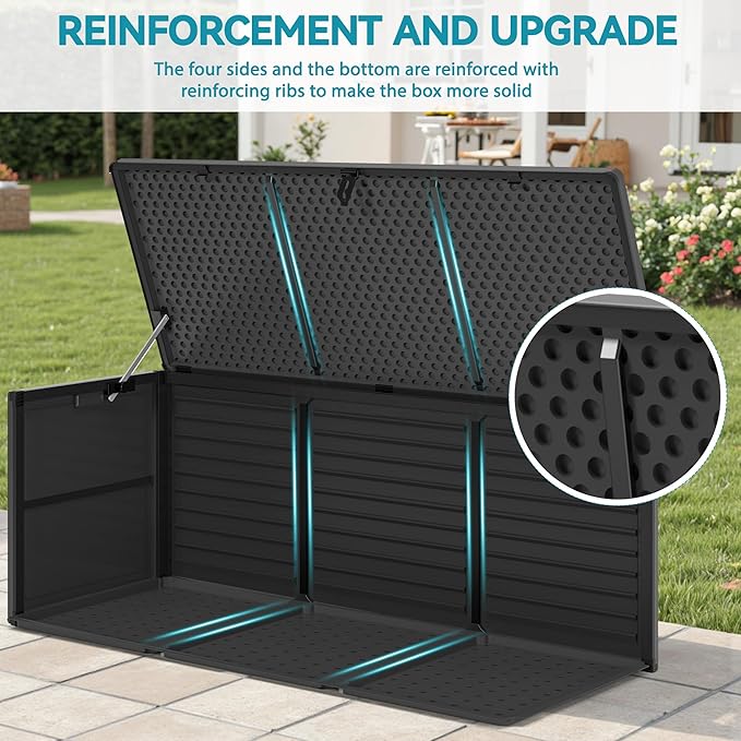 HUGROVE Resin Deck Box, 130 Gallon Outdoor Storage Box with Lockable Lid, Waterproof Patio Storage for Garden Tools & Outdoor Accessories (Dark Black) (Dark Black)