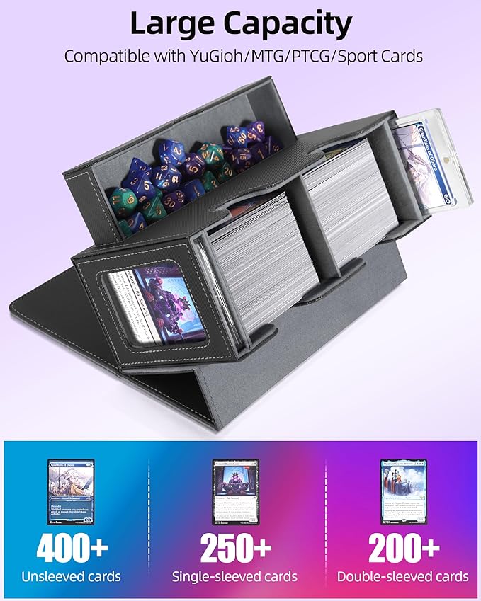 MTG Deck Box, MTG Commander Card Deck Box with Commander Display, Fits 250+ Single Sleeved, Double Card Storage Box with Dice Tray, Magnetic Card Storage Case for CCG TCG Sports Cards, Black Grey