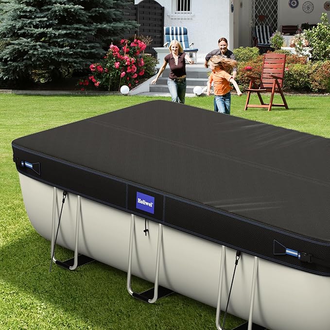 12x21 Ft Rectangular Pool Cover with Reflective Strips for Above Ground Pool, 420D Swimming Pool Cover for Rectangular or Oval Frame Pools, Solar Cover with Drawstring and Ground Nails