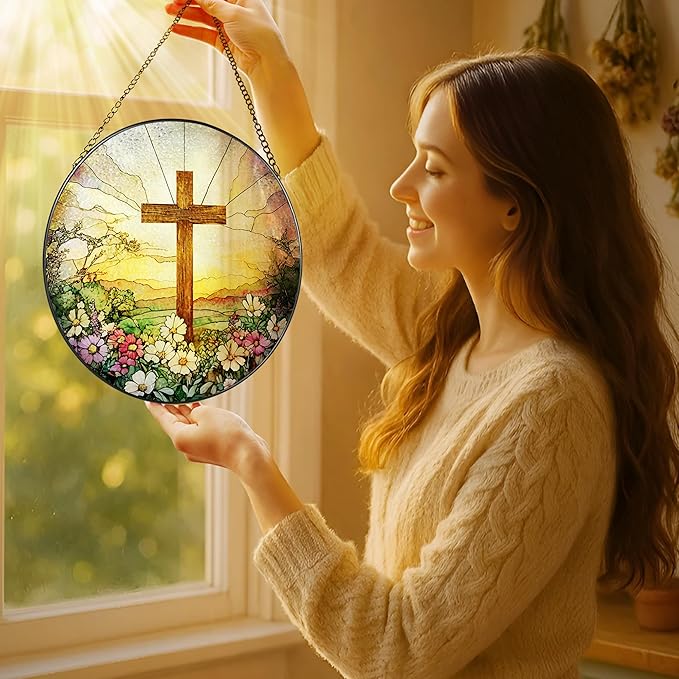 8 Inch Stained Glass Cross & Wildflowers Suncatcher Christian Hanging Ornament Gift for Religious Occasions
