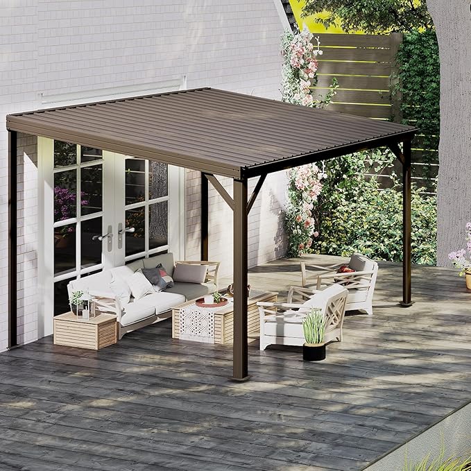 8x10FT Lean to Gazebo, Outdoor Metal Hardtop Wall Mounted Gazebo with Gutter & Sloping Galvanized Steel Roof, Hard Top Awnings/Shelter for Deck, Porch, Backyard- Brown
