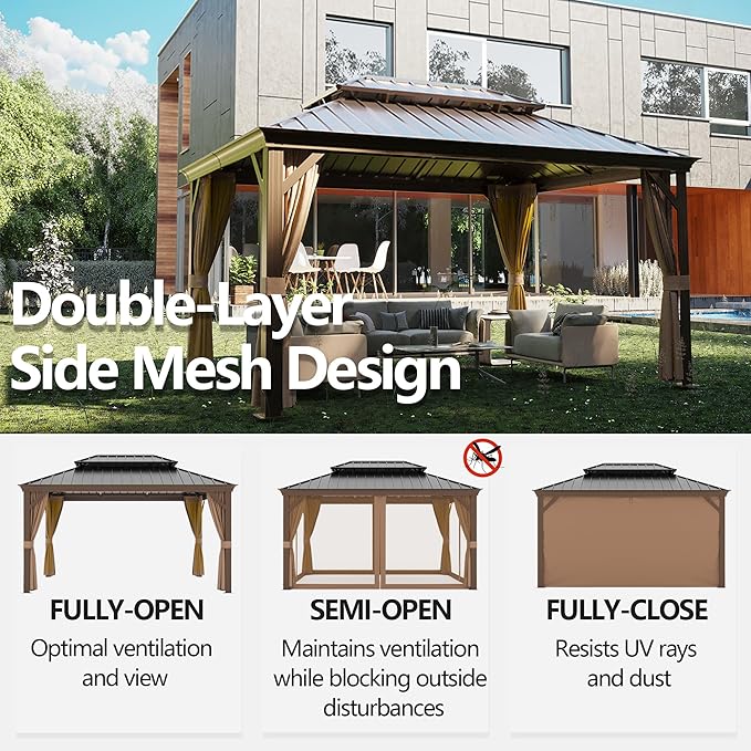 12' x 16' Outdoor Hardtop Gazebo Aluminum Frame with Double Metal Roof, Canopy Netting, Curtain, Patio Permanent Galvanized Steel Gazebo for Backyard, Garden, Party, Deck, Lawn