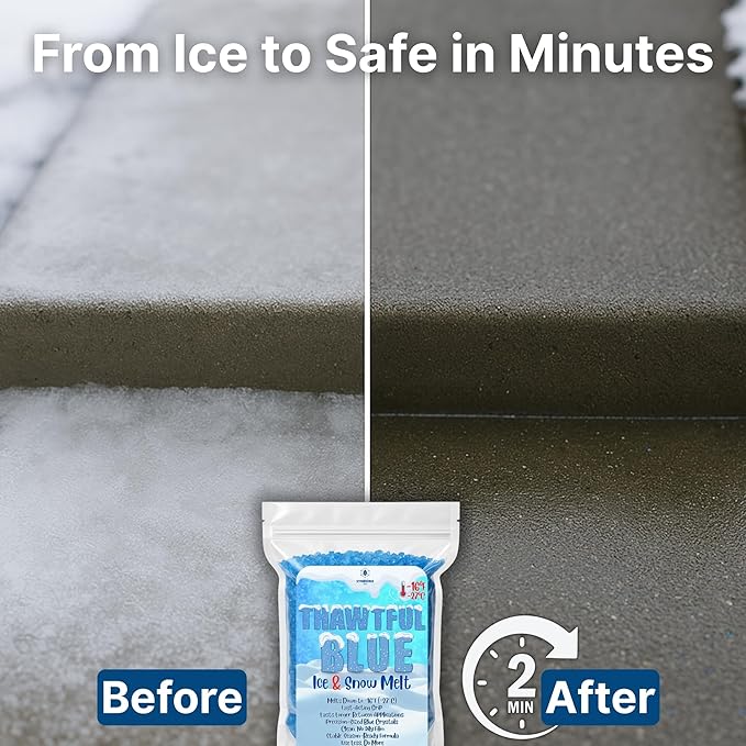 Thawtful Blue Ice & Snow Melt – Snow Melt, Rock Salt, Driveway & Sidewalk Salt for Ice, Blue Granular Rock Salt, Melts to −16°F (−27°C) – Resealable Zip Bag (1 Quart - 2.2 lb.)