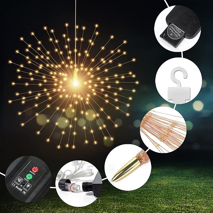 5 Pack Solar Starburst Sphere Lights, 200 LED Firework Light, 8 Modes Dimmable Waterproof Hanging Copper Wire Fairy Light for Patio Parties Halloween Christmas Decor (Warm White)
