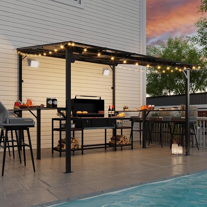 MEISSALIVVE 10' x 10' Wall Mounted Gazebo, Outdoor BBQ Grill Gazebo with Side Shelf, Lean to Metal Awnings with Sloped Roof, Heavy Duty Pergola for Backyard, Deck, Black