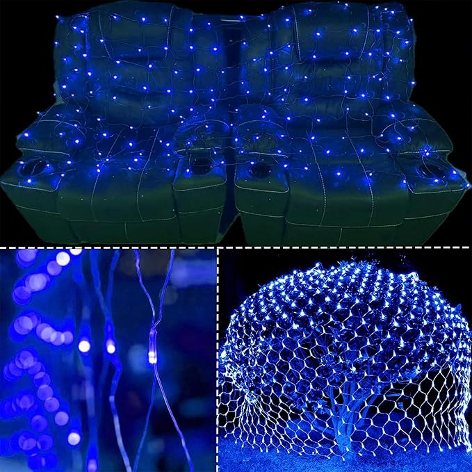 WATERGLIDE Outdoor Christmas Net Lights, 12FT x 5FT 360 LED Mesh String Light with 8 Lighting Modes, Connectable Waterproof Lights for Garden Tree Bushes, Holiday Wedding Party Decorations, Blue