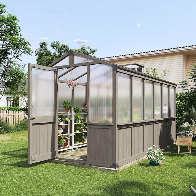 Aoxun 6x12 FT Walk-in Wooden Greenhouse,Solid Cedar Frame,Polycarbonate Panels, Automatically Temperature Control Roof Vent and Lockable Door,for Outdoor, Garden, Backyard,Patio, Lawn, Gray