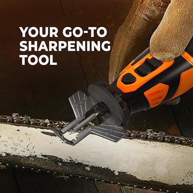 Sharp Pebble Electric Cordless Chainsaw Sharpener Kit - Comes with Chain Saw Sharpener Tool, 4 File Size Sharpening Wheels, Angle Attachment, Wrench & eBook