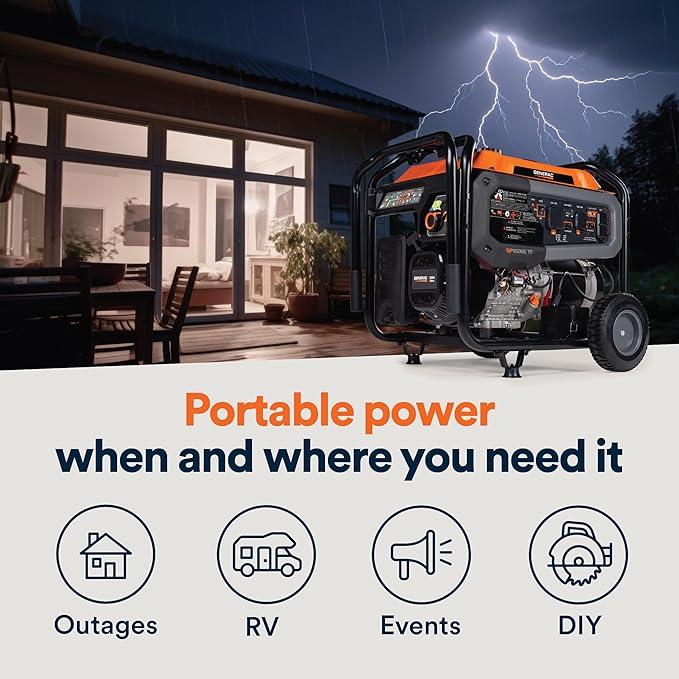 Generac 12,500 Starting Watt Tri-Fuel Portable Generator - Electric Start - Gas, Propane or Natural Gas - Home Backup, Jobsite, or RV - Quiet Operation - Long Runtime - 49-State Compliant