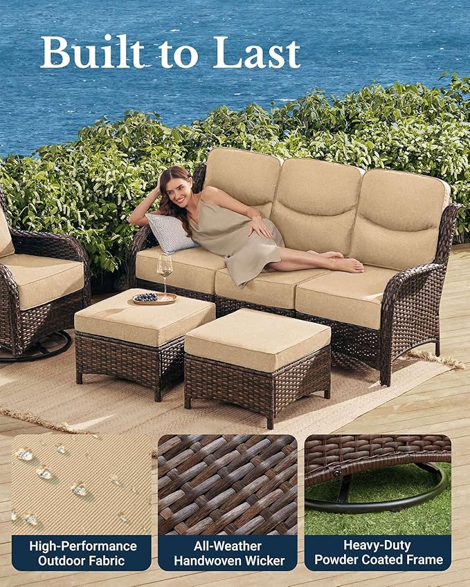 HILLGA Luxury Patio Furniture Set with 6-Inch Thick Cushions, High Back Outdoor Swivel Rocker Chairs and Patio Couch, 11-Piece All Weather Conversation Set for Porch Deck Pool Yard, Beige (V3)
