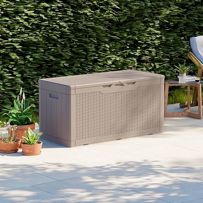 Patiolife 100 Gallon Resin Deck Box, Large Outdoor Storage Box for Garden Tools, Pool Supplies, Waterproof and Lockable, Light Brown