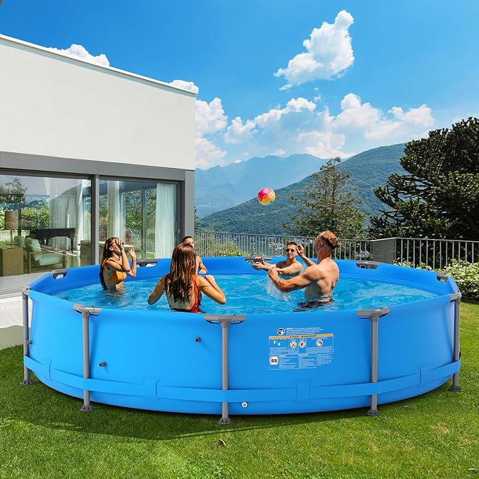 GYMAX 12ft x 30in Metal Frame Above Ground Swimming Pool, Outdoor Backyard Famliy Pool Set with Puncture-Resistant Fabric, Drainage Valve Connector for Kids & Adults (12' x 30", Round, Blue)