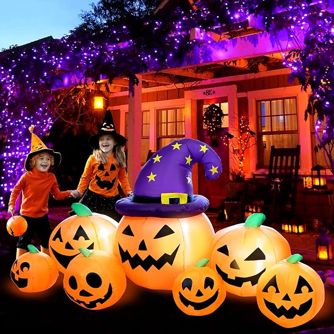 8FT Long Halloween Inflatables Pumpkin Outdoor Decorations, Halloween Blow Ups Inflatable Pumpkin for Yard, Garden, Lawn with Witch Hat and 7 LED Lights
