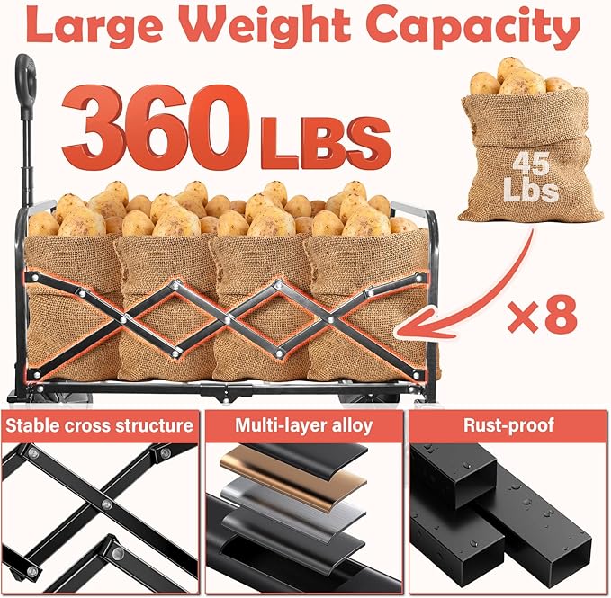 Wagons Carts Foldable, 360 Lbs with Adjustable Handle, Black Lightweight Portable, Collapsible Wagon for Camping, Shopping, Sports, Travel, Garage and Gardening Storage with Drink Holders