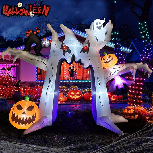 10FT Halloween Inflatable Archway, Giant Blow up Arch Yard Decorations withTree, Pumpkin, Bat, Ghost &Cat, Outdoor Halloween Decorations Build-in LEDs Lights for Yard, Party, Garden, Lawn