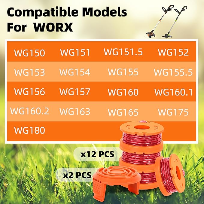 Trimmer Spool Line for Worx 14 Pack WA0010 Edger Spools Replacement for Worx Weed Eater String Suitable for Worx String Trimmers(12 Grass Trimmer Line, 2 Trimmer Cap)