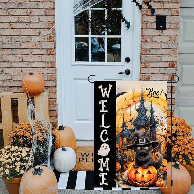 DECORLUXES Halloween Cat Garden Flag Double Sided, Welcome Halloween Large Garden Flags Garden Outside Decor, Yard Flag Decorations (Garden Flag)