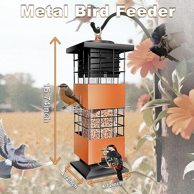 Squirrel Proof Bird Feeders for Outdoors Hanging, Large Capacity 3.5Lbs Bird Feeders with 4 Feeding Ports, Metal Gravity Protection Birds Feeder for Outside, Cardinal, Sparrow, Finch, Brown