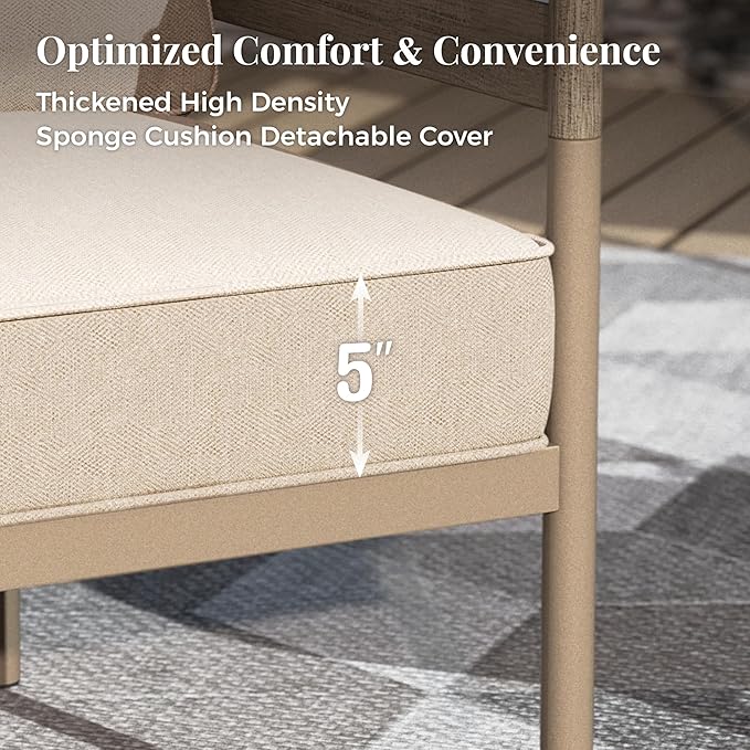 5-Piece Patio Outdoor Conversation Furniture Set with 2 Swivel Chairs, Steel Modern Outdoor Patio Conversation Sets with Thick Cushions for Porch, Balcony, Backyard - Beige