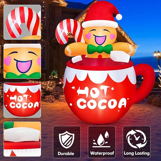 Danxilu 6FT Christmas Inflatable Outdoor Decorations, Cute Blow Up Hot Cocoa Gingerbread Man with Candy Canes Built-in LED Xmas Inflatable Yard Decorations for Outside Indoor Garden Lawn Holiday Party