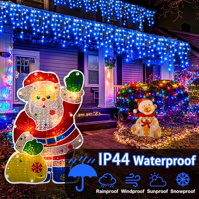 Hezbjiti Christmas Decorations Lights Outdoor, 400 LED 32.8 FT 8 Modes 75 Drops Fairy String Curtain Lights for Christmas Decor Eaves Window Party Yard Garden Indoor (Blue)