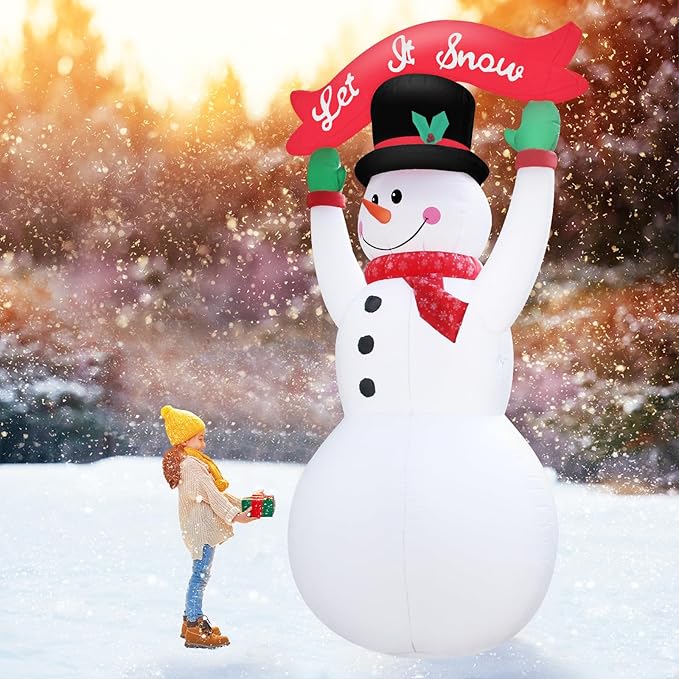 12 Feet Inflatable Christmas Banner Snowman Outdoor Holiday Decoration with LED Lights Christmas Inflatable Decor Seasonal Lawn Garden Entrance Party Décor Happy Festive Atmosphere