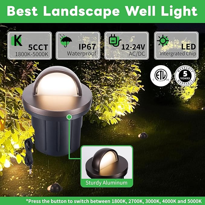 Low Voltage Well Lights LED, 5 Colors Temp (1800K-5000K) 12V in-Grade Landscape Lights, Outdoor IP67 Waterproof, 4" Wired Directional Aluminum ORB for Path Yard 6W 420LM 10 Pack