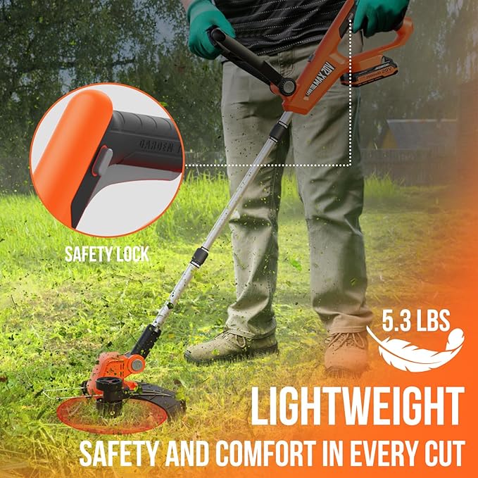 VARSK 20V String Trimmer Cordless, 12 Inch 2 in 1 Trimmer and Edger, Automatic Line Feed, Includes 2 X 2.0Ah Batteries/1 X Fast Charger/6 X Spare Spools, for Lawn, Garden, etc, Orange