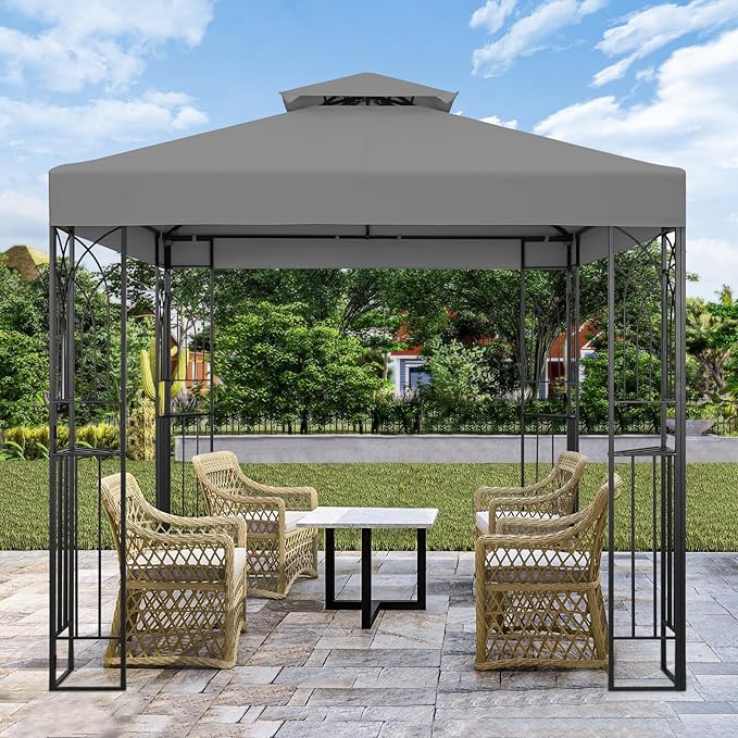 COOS BAY 8x8 Outdoor Patio Gazebo with Corner Shelves, Two-Tier Soft Top Canopy for Backyard, Lawn, Deck and Garden, Gray