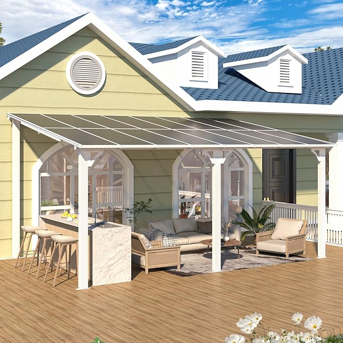AECOJOY 16' x 10' Gazebo White Outdoor Pergola for Patio, Large Wall-Mounted Hard Top 10x16 Lean to Metal Gazebo Shelter Pergolas and Gazebos Clearance with Patio Roof, Heavy Duty Awnings for Patio