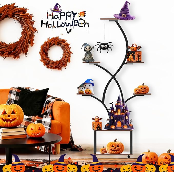 Halloween Plant Stand with Grow Lights, 8-Tiered Metal Shelf for Spooky Home Decor, Display for Pumpkins & Eerie Plants, Create an Eerie Ambiance for Patio & Indoor