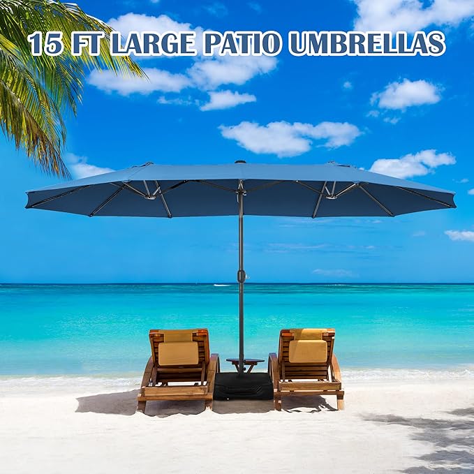 Sundale Outdoor Olefin 5-Year-Non-Fading 15 ft Patio Umbrella with Sand Bag Base and Cover, Large Outdoor Double-Sided Umbrella