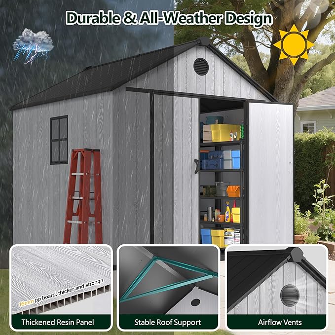 Seizeen 8x8 FT Outdoor Storage Shed, All-Weather Resin Plastic Shed with Floor, Window, Lockable Doors & Vents, Patio Garden Tool Shed for Storing Lawn Mower, Bike, Outdoor Furniture (Light Gray)