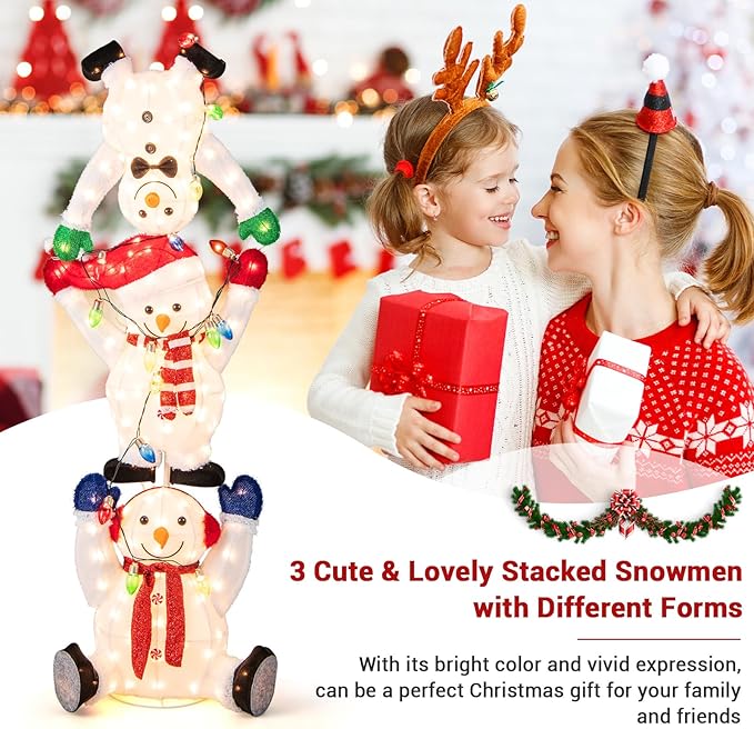 Tangkula 5.6 FT Lighted Christmas Stacked Snowmen Decoration, Pre-Lit Snowmen Ornament with LED Lights, Light String, Outside Xmas Yard Decor, Xmas Display Indoor Outdoor Holiday Decor
