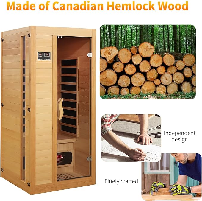 Far Infrared Sauna Home Low EMF, 1-2 Person Home Sauna Hemlock Wood Red Light Sauna with LED Control Panel, Tempered Glass Door, LED Reading Light and Speaker