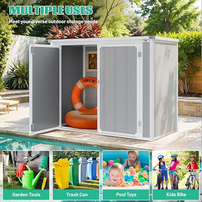 Seizeen 41 Cu.Ft Resin Shed with Floor, 4.7x2.5 FT Outdoor Horizontal Storage Shed for Trash Cans and Garden Tools, Waterproof Outdoor Plastic Shed for Lawn Mower, Pool Toys, Bicycle (Light Gray)
