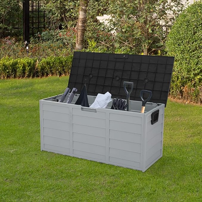 75 Gallon Resin Deck Box, Waterproof Outdoor Storage Box with Wheels, Lockable Lid and Handles, Large Deck Storage for Outdoor Gear, Patio Furniture Cushion, Gardening Tools, Black