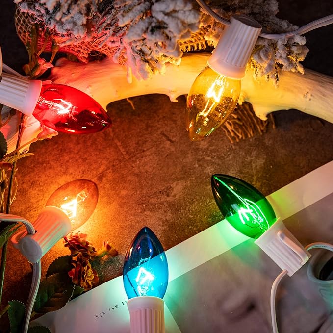 Minetom C9 Multicolor Christmas String Lights, 25FT 25+2 Bulbs Bright & Warm Outdoor Christmas Lights, Long Life C9 String Lights for Tree Patio Gazebo Wreath, Green Wire