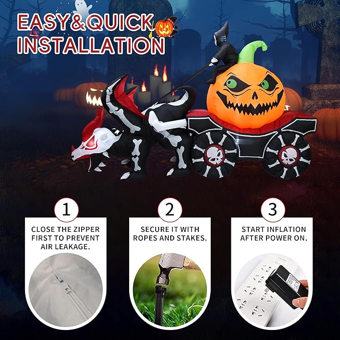 DearSun 9FT L Halloween Inflatable Carriage, Grim Reaper Sits on Pumpkin and Drives Skeleton Dragon Carriage with Build-in LED Lights, Blow up Halloween Inflatable Outdoor Decorations