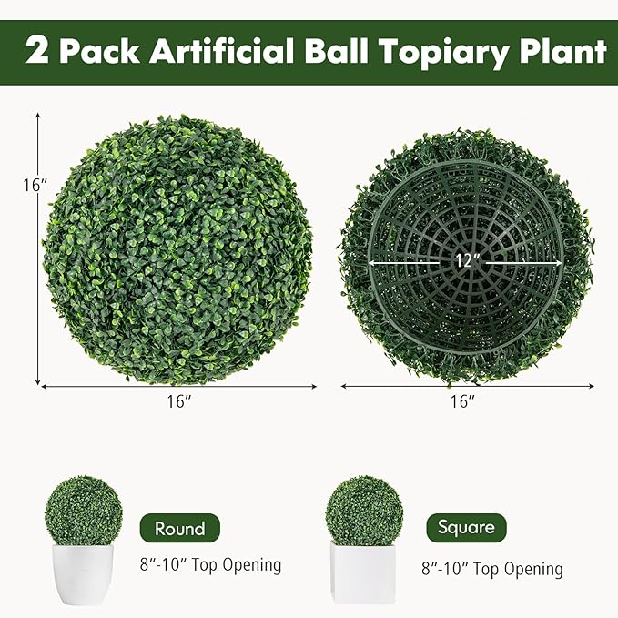 Goplus 2 PCS 16 Inch Artificial Plant Topiary Ball, Round Faux Boxwood Balls Outdoor, Fake Plant Sphere for Front Door, Porch, Backyard, Balcony, Patio, Garden, Wedding and Home Décor