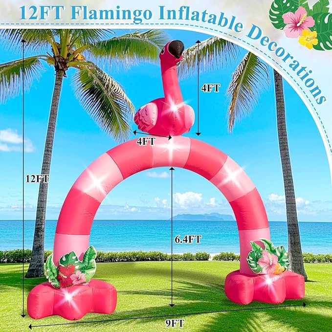 Eyourlife 12FT Pink Flamingo Inflatable Arch,Giant Fall Inflatable Flamingo Outdoor Decor,Blow-Up Flamingo with 1Blower 6LED Lights and 2Hawaiian Leis for Summer Yard Garden Birthday Luau Beach Party