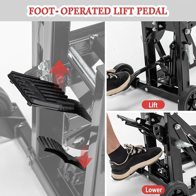 Heavy Duty Lawn Mower Lift Jack 550lbs Capacity Riding Mower Lift with Safety Lock& Non-Slip Wheels Lawn Tractor Lift Adjustable Wheel Span Suitable for Tractors and Zero Turn Lawn Mowers
