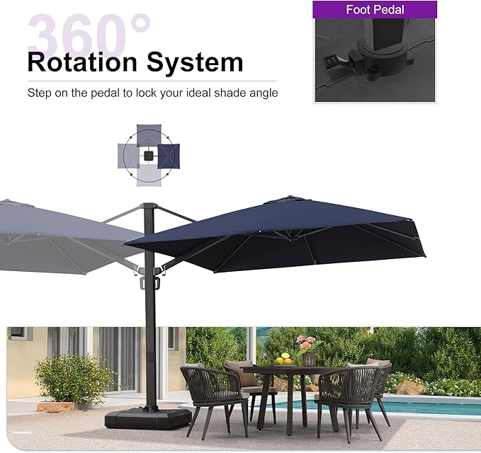 PURPLE LEAF 10 FT Square Patio Umbrella Large Outdoor Aluminum Offset Umbrella with 360-degree Rotation Cantilever Umbrella for Garden Deck Backyard Pool, Navy Blue
