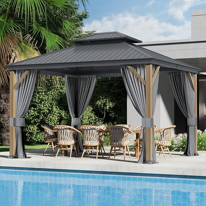 10x 12 Ft Hardtop Gazebo, Outdoor Metal Canopy with Heavy Duty Aluminum Frame, Privacy Curtain and Netting Included, for Patio, Garden, Yard & Lawn