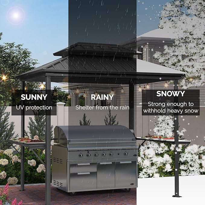 PURPLE LEAF 6.5' X 10' Hardtop Grill Gazebo for Patio Permanent Aluminum Barbeque Shelter Gazebo Canopy with Ceiling Hook and Shelves Double Tiered Grey Outdoor BBQ