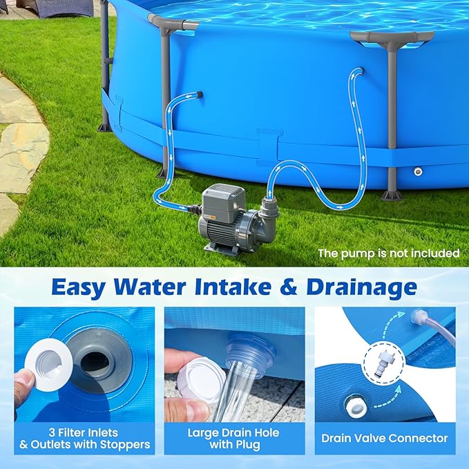 GYMAX 10ft x 30in Metal Frame Above Ground Swimming Pool, Outdoor Backyard Famliy Pool Set with Puncture-Resistant Fabric, Drainage Valve Connector for Kids & Adults (10' x 30", Round, Blue)