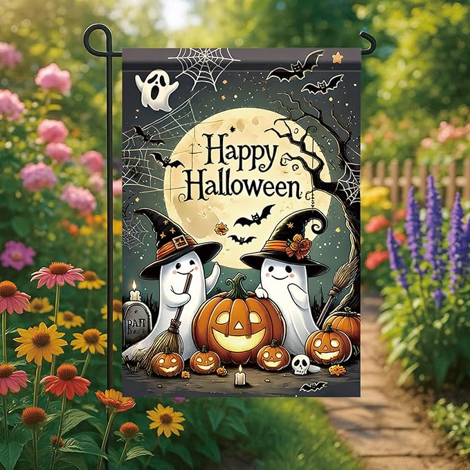 Halloween Garden Flag Funny Ghost Pumpkin Witch Hat Outdoor Yard Decoration Happy Halloween Banner 12x18 Inch Double Sided Holiday House Lawn Flag Vertical Seasonal Yard Sign Decor