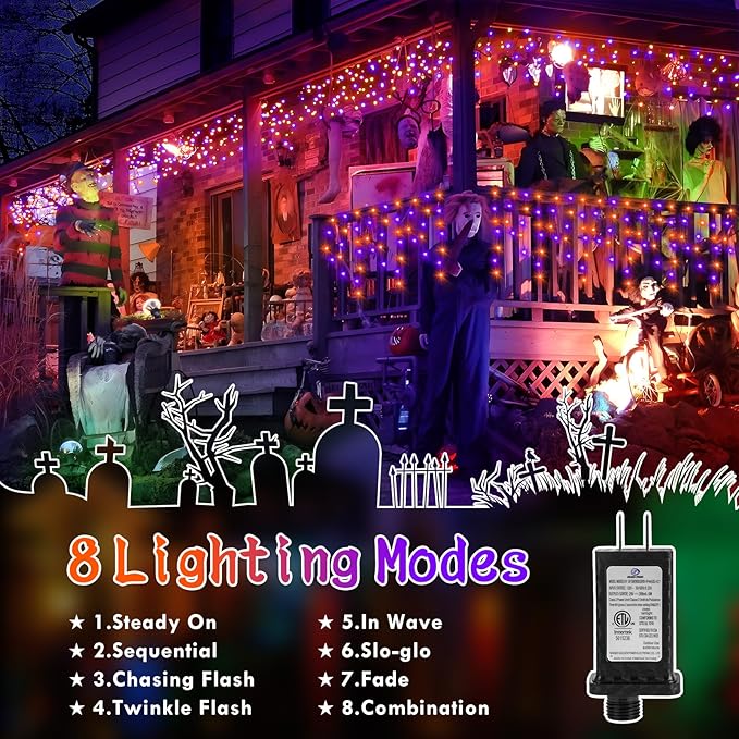 KNONEW 99FT 960 LED Orange Purple Halloween Lights Outdoor Black Wire String Lights with 180 Drops, 8 Lighting Modes, Timer Memory Function Hanging Curtain Lights for Halloween Party